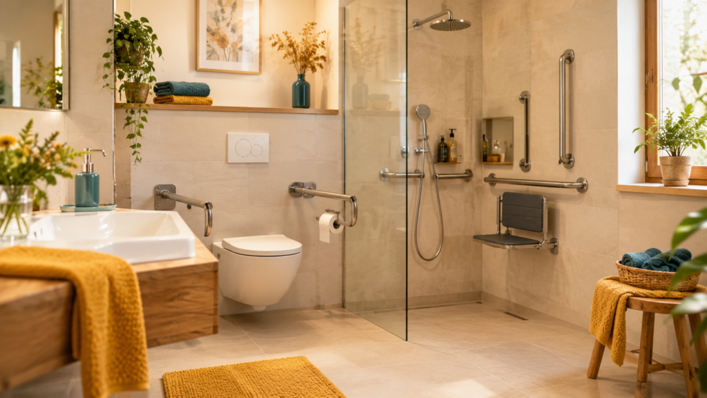 Helles, barrierefreies Badezimmer mit bodengleicher Dusche, Haltegriffen und erhöhtem WC