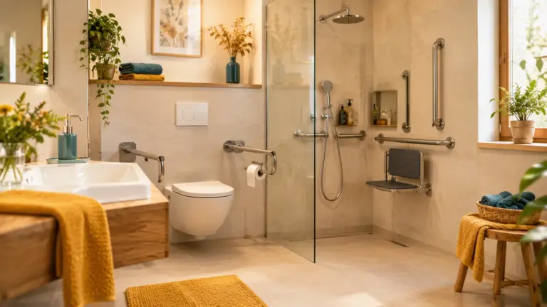 Helles, barrierefreies Badezimmer mit bodengleicher Dusche, Haltegriffen und erhöhtem WC