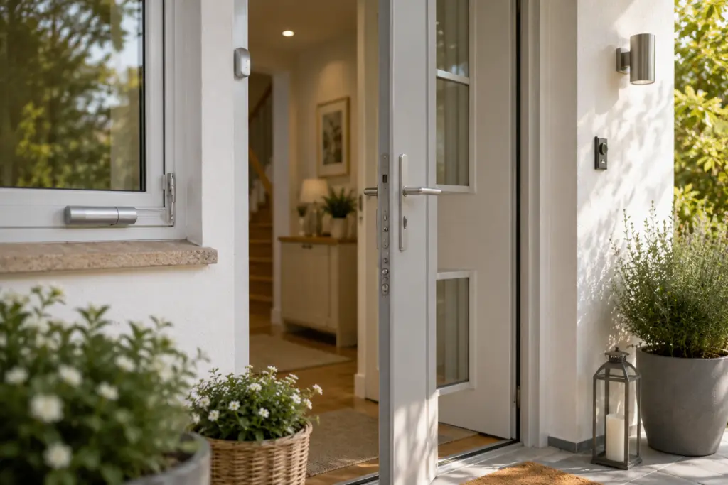 Heller Hauseingang mit gesicherter Tür und Fenstersicherung, gemütliche Atmosphäre mit Blumen und Pflanzen