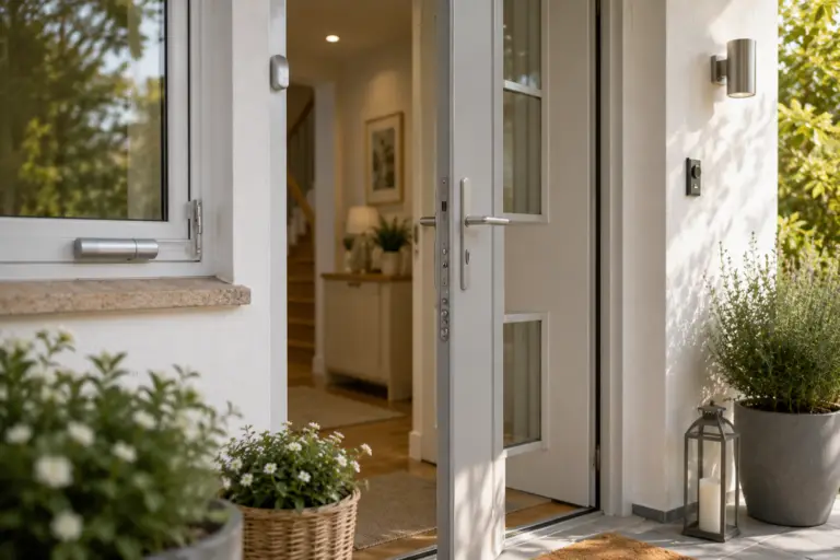 Heller Hauseingang mit gesicherter Tür und Fenstersicherung, gemütliche Atmosphäre mit Blumen und Pflanzen