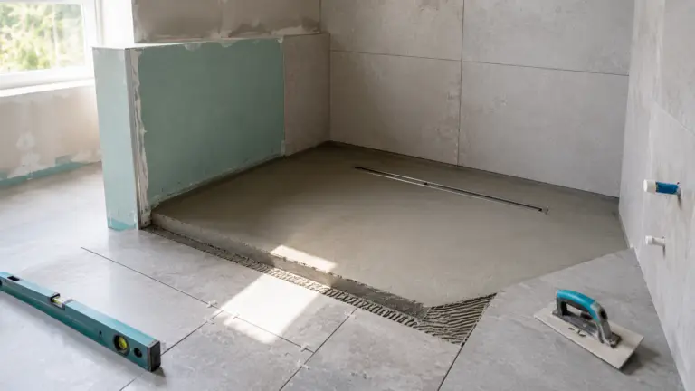 Rohbau einer bodengleichen Dusche mit Ablaufrinne und Fliesenarbeiten