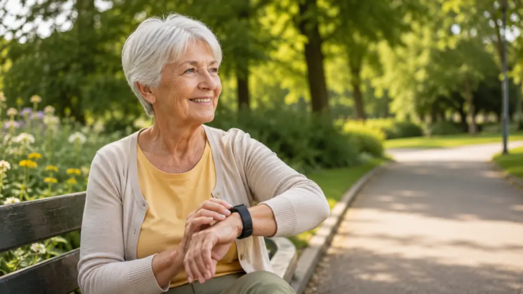 Ältere Frau sitzt lächelnd auf einer Parkbank und schaut auf ihre Smartwatch