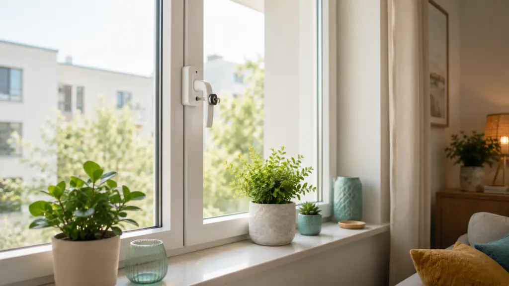 Fenster mit nachgerüstetem Steckschloss in einer hellen Mietwohnung