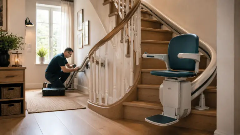 Techniker montiert die individuell gefertigte Schiene eines Kurventreppenlifts an einer geschwungenen Treppe