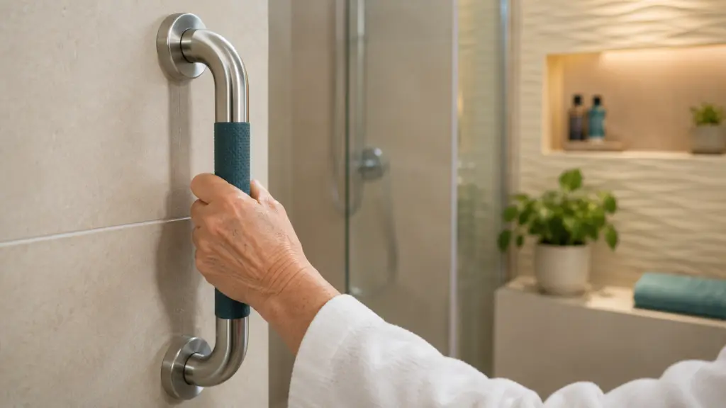 Hand hält sich sicher an einem Edelstahl-Haltegriff neben der Dusche fest