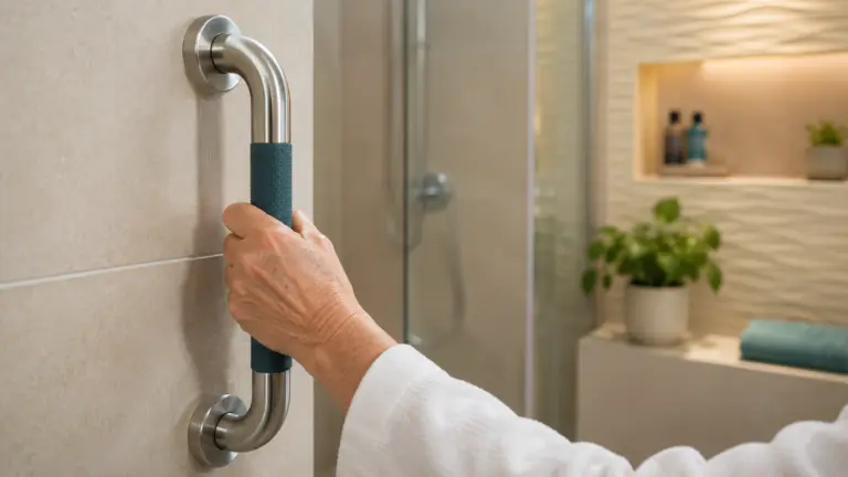 Hand hält sich sicher an einem Edelstahl-Haltegriff neben der Dusche fest