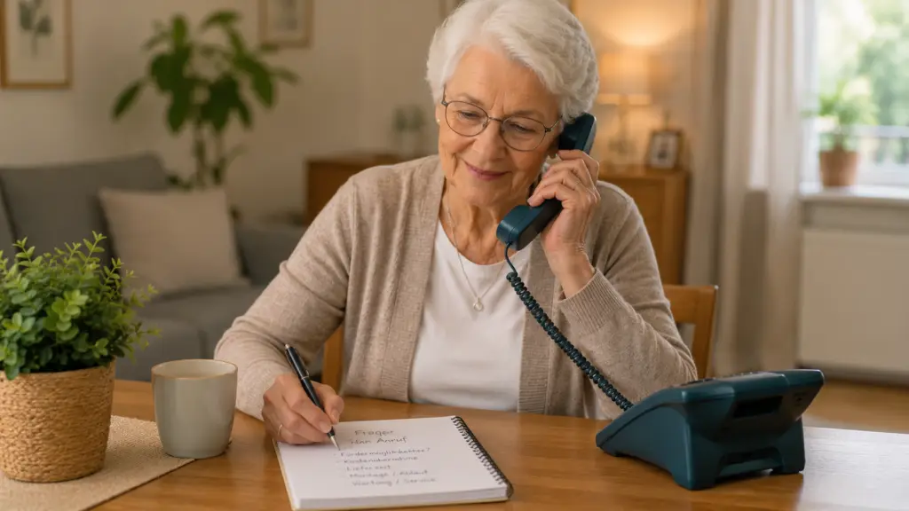 Ältere Frau telefoniert mit einer Hausnotruf-Servicehotline und notiert sich Fragen auf einem Block