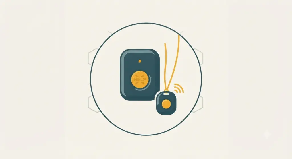 Icon-Illustration einer Hausnotruf-Basisstation mit Hilferuf-Taste und tragbarem Funkknopf am Band