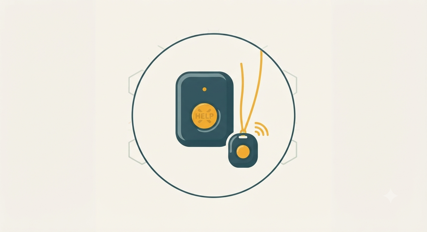 Icon-Illustration einer Hausnotruf-Basisstation mit Hilferuf-Taste und tragbarem Funkknopf am Band