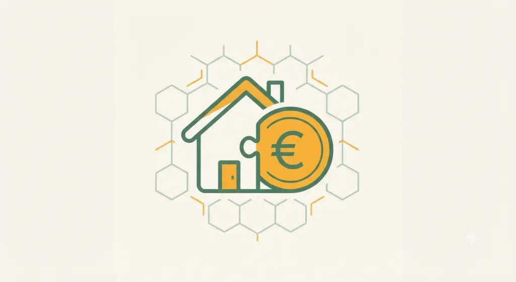 Illustration eines Hauses, das sich wie ein Puzzleteil mit einer Euro-Münze verbindet, als Symbol für die Kombination von Pflegekassen-Zuschuss und KfW-Förderung