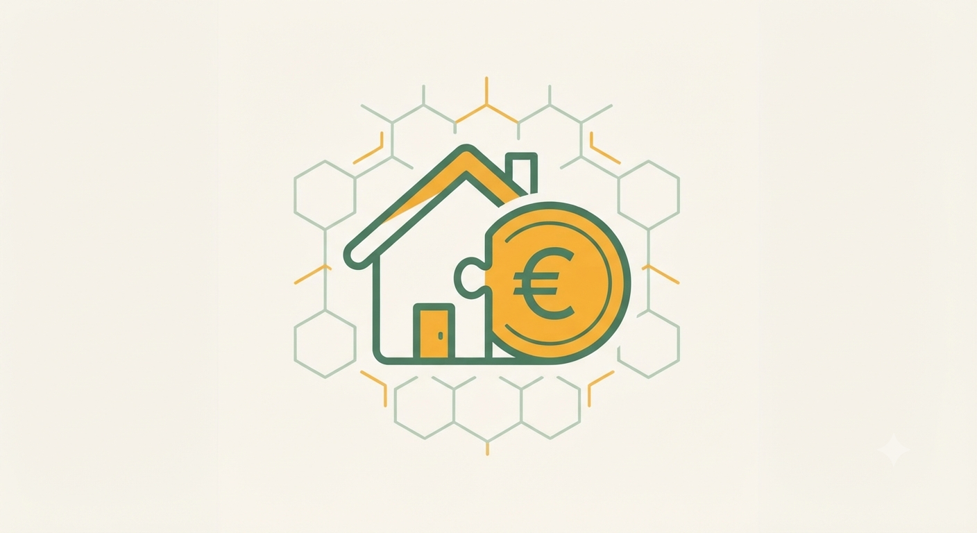 Illustration eines Hauses, das sich wie ein Puzzleteil mit einer Euro-Münze verbindet, als Symbol für die Kombination von Pflegekassen-Zuschuss und KfW-Förderung