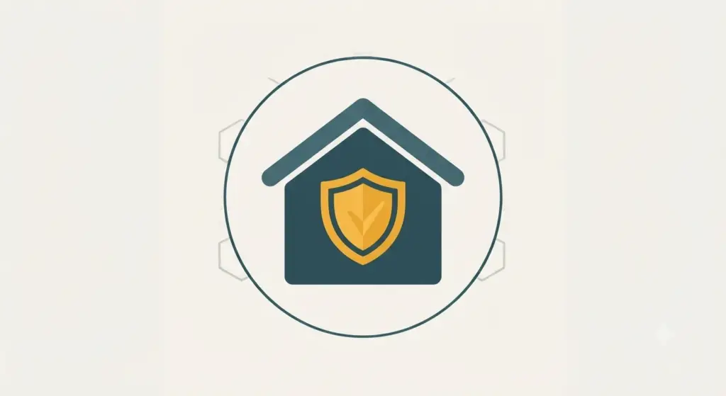 Icon-Illustration eines Hauses mit Schutzschild-Symbol als Sinnbild für Sicherheit im Alter