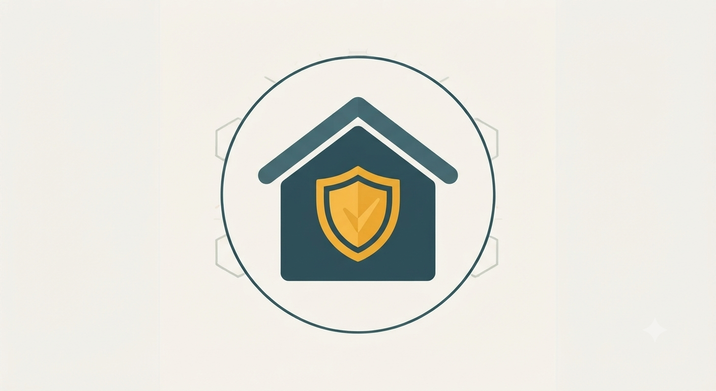 Icon-Illustration eines Hauses mit Schutzschild-Symbol als Sinnbild für Sicherheit im Alter