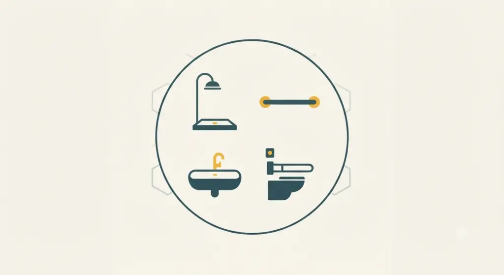 Icon-Grafik mit vier Symbolen für barrierefreie Bad-Maßnahmen: bodengleiche Dusche, Haltegriff, unterfahrbares Waschbecken und erhöhtes WC