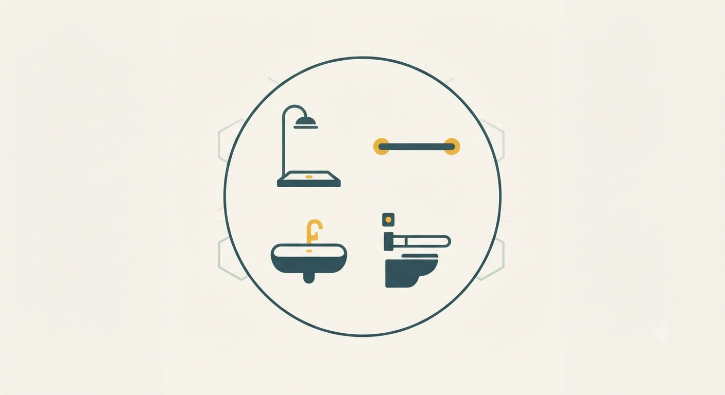 Icon-Grafik mit vier Symbolen für barrierefreie Bad-Maßnahmen: bodengleiche Dusche, Haltegriff, unterfahrbares Waschbecken und erhöhtes WC