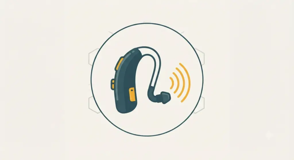 Icon-Illustration eines Hörgeräts mit Schallwellen-Symbol