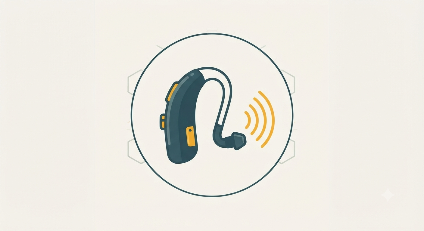 Icon-Illustration eines Hörgeräts mit Schallwellen-Symbol