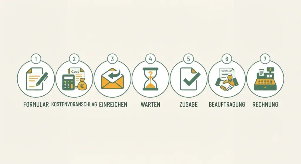 Infografik mit sieben Schritten für den Antrag auf den Zuschuss der Pflegekasse: Formular, Kostenvoranschlag, Einreichen, Warten, Zusage, Beauftragung, Rechnung