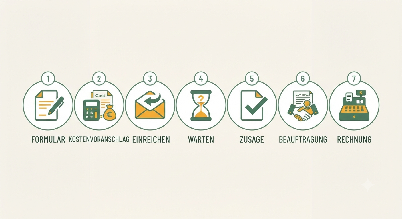 Infografik mit sieben Schritten für den Antrag auf den Zuschuss der Pflegekasse: Formular, Kostenvoranschlag, Einreichen, Warten, Zusage, Beauftragung, Rechnung