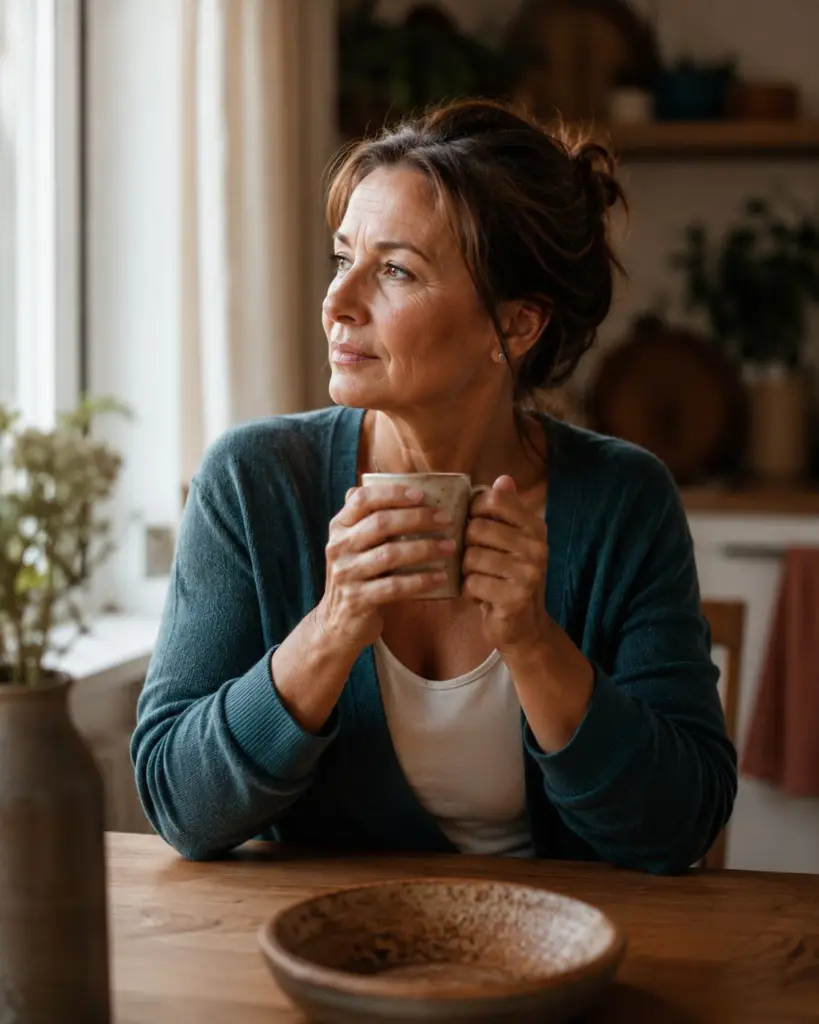 Pflegende Angehörige sitzt nachdenklich mit einer Tasse Kaffee am Fenster