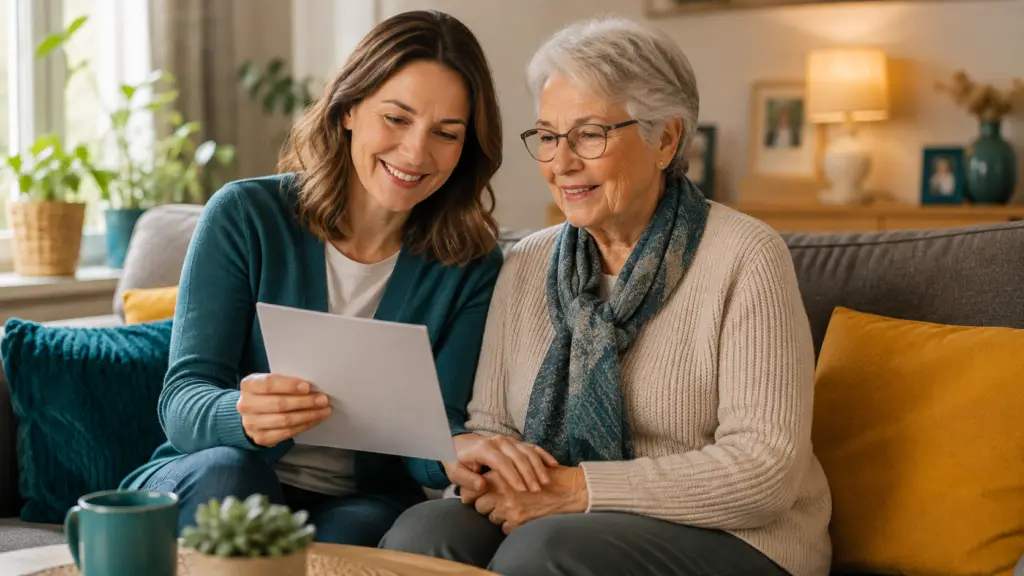 Erwachsene Tochter und ihre Mutter sitzen auf dem Sofa und schauen gemeinsam auf ein Blatt Papier