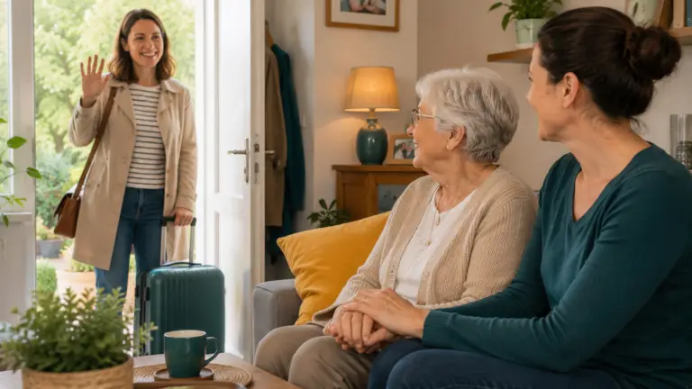 Eine Frau winkt zum Abschied, während eine andere Frau die Hand einer älteren Dame auf dem Sofa hält