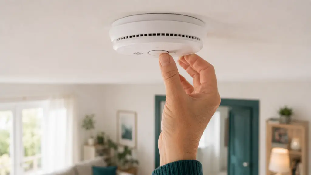 Hand testet einen Rauchmelder an der Decke einer hellen Wohnung