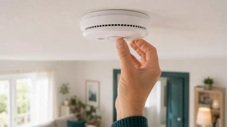 Hand testet einen Rauchmelder an der Decke einer hellen Wohnung