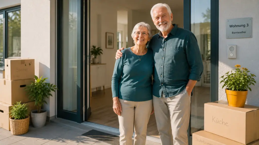 Lächelndes älteres Paar steht vor der Tür einer neuen barrierefreien Wohnung mit Umzugskartons