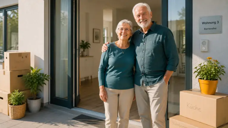 Lächelndes älteres Paar steht vor der Tür einer neuen barrierefreien Wohnung mit Umzugskartons