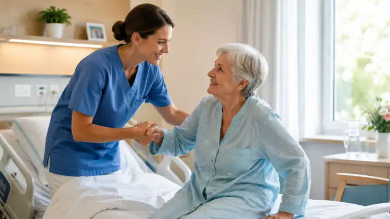 Pflegekraft hilft älterer Person im Krankenhaus, Symbolbild Übergangspflege