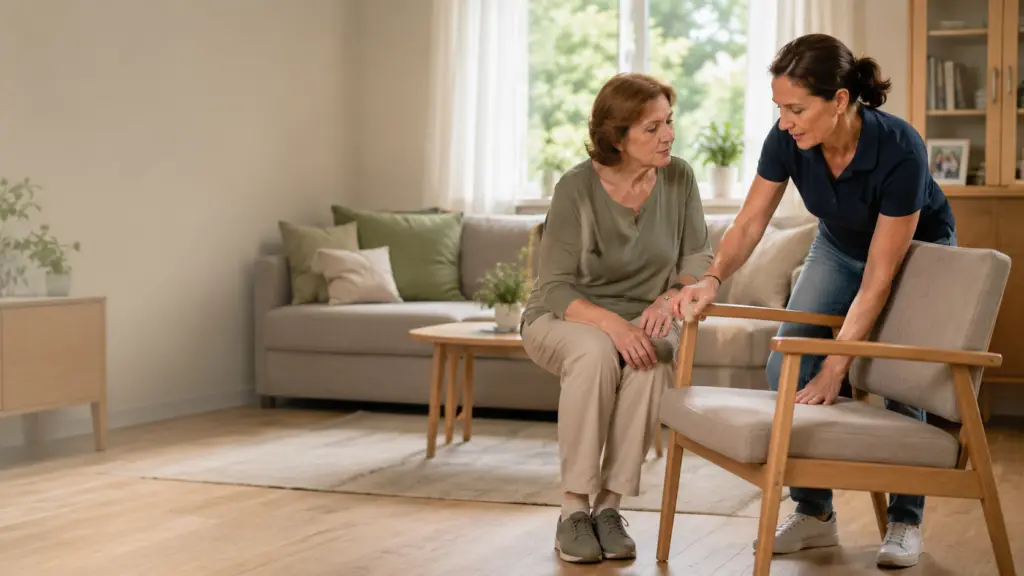 Pflegefachkraft hilft einer Seniorin beim sicheren Aufstehen aus dem Sessel im Wohnzimmer