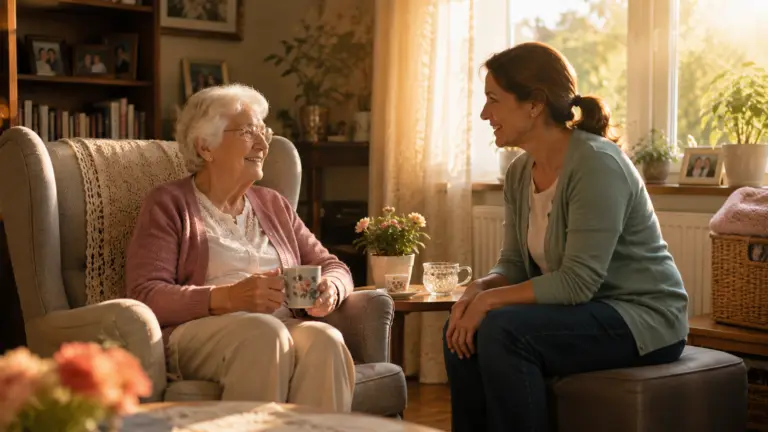 Pflegekraft sitzt mit einer Seniorin bei einer Tasse Kaffee im sonnigen Wohnzimmer zusammen