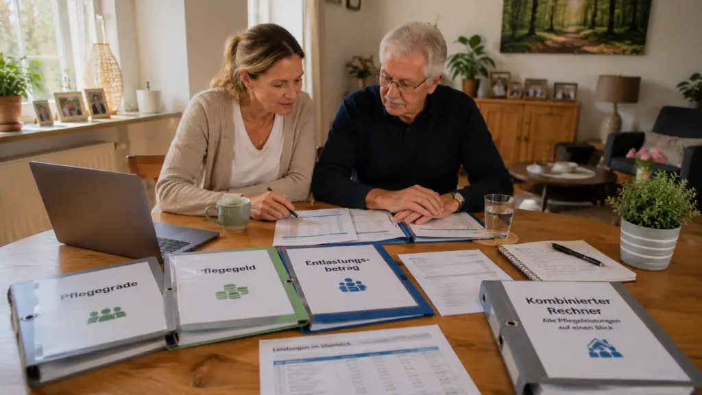Familie bespricht gemeinsam mehrere Pflegeleistungen anhand von Unterlagen und Laptop