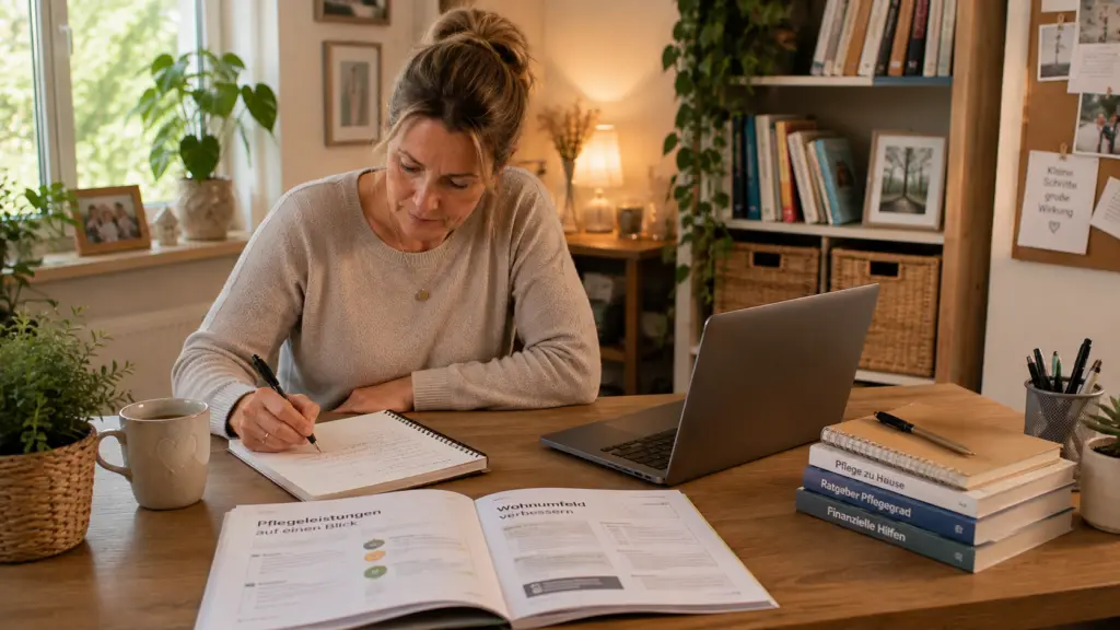 Person recherchiert und schreibt an einem Schreibtisch mit Notizen und Laptop