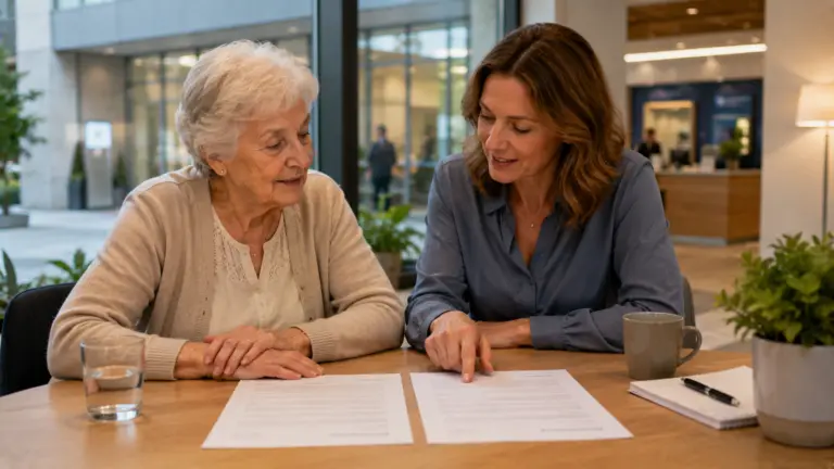 Älterer Mann schreibt handschriftlich eine Liste neben Laptop und Tresor