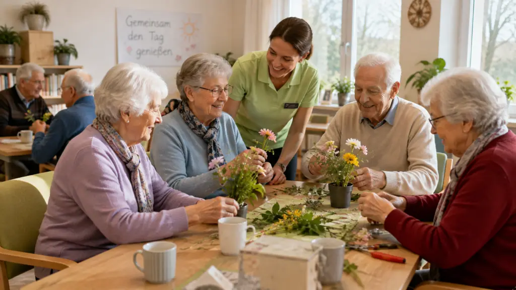 Seniorinnen und Senioren nehmen an einer Aktivität in der Tagespflege teil