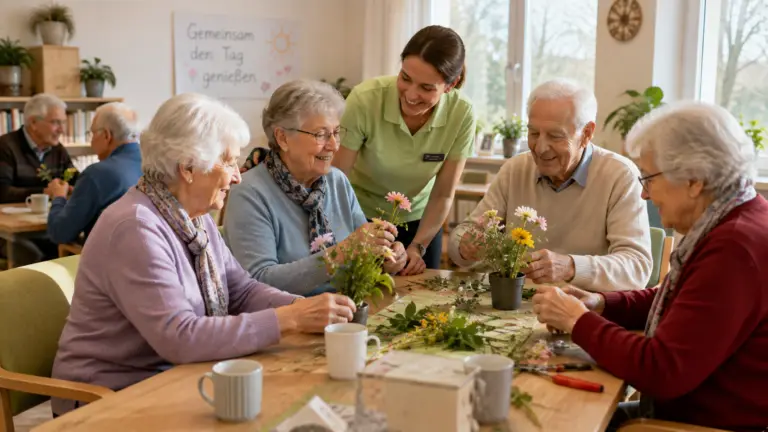 Seniorinnen und Senioren nehmen an einer Aktivität in der Tagespflege teil