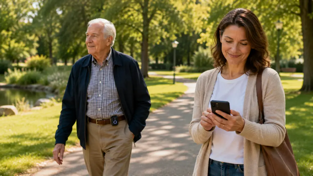 Älterer Mann mit GPS-Tracker geht im Park spazieren, Tochter behält den Überblick