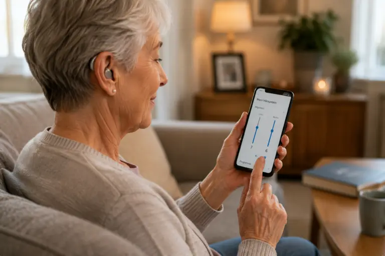 Ältere Frau bedient eine Hörgeräte-App auf ihrem Smartphone