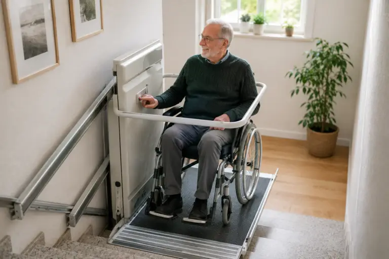 Mann im Rollstuhl nutzt einen Plattformlift im Treppenhaus