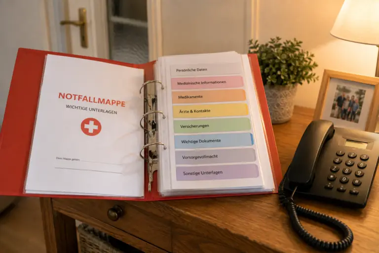 Aufgeschlagene Notfallmappe mit wichtigen Unterlagen